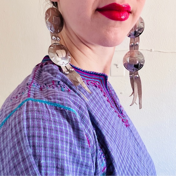 80s VTG Cotton Purple Plaid Mexican Indian Embroidered Skirt Folk Art Skirt Set - Picture 9 of 16